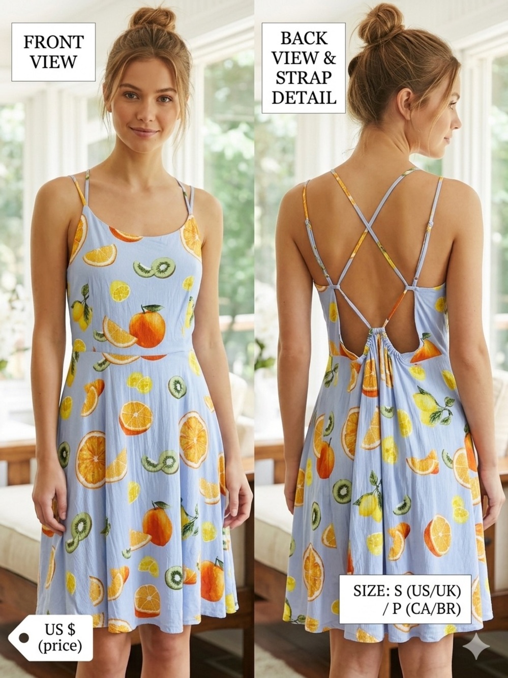 Forever 21 Light Blue Fruit-Print Backless Sundress